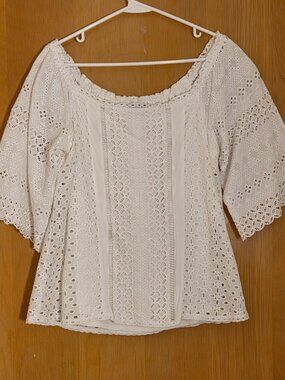 Hale Bob Eyelet Boho Top Blouse Womens M White Peasant Twee Lace Off Shoulder
